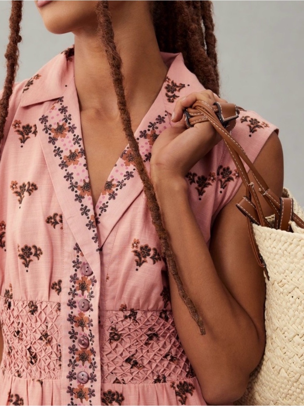 Anthropologie. Sleeveless Pink Floral Button-Front Maxi Dress - Picture 4 of 5